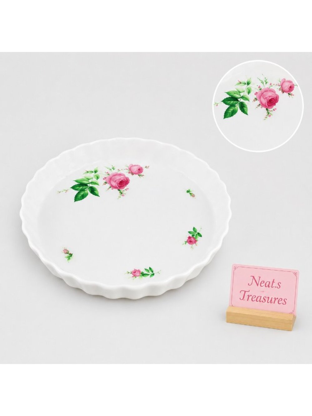 CHRISTINEHOLM  White Fluted Pink Roses Tart Pie Quiche Ceramic Baking Dish Pan